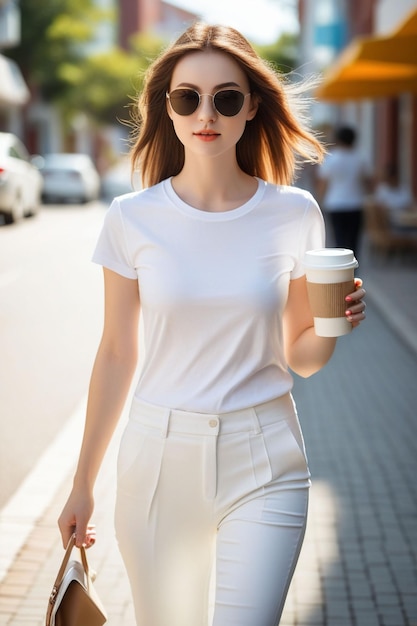 Een mooi meisje in een wit hemd en broek houdt een koffiekop in haar hand op een zonnige straat
