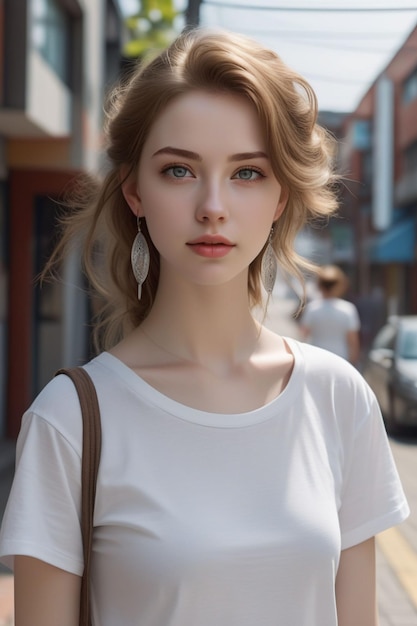Een mooi meisje in een wit hemd staat op straat op een zonnige dag.