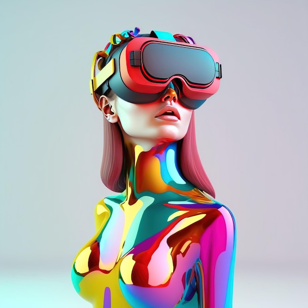 Een mooi meisje in VR-bril 3D-headset in de cyberspace van de metaverse Het concept van virtual augmented immersive reality 3D-rendering Generatieve AI