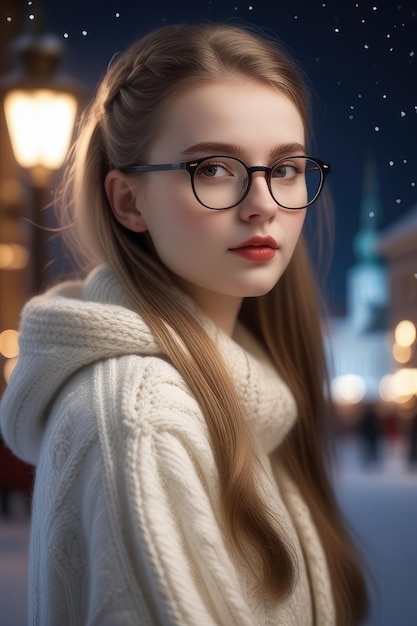 Een mooi meisje in winterkleding en bril staat's nachts op straat.