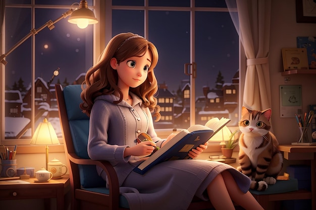 een mooi meisje leest een interessant boek in een gezellige stoel er is een kat in de buurt