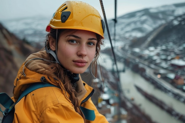 Een mooi meisje met een helm leidt een trainingsklim in de bergen voor een grote klim