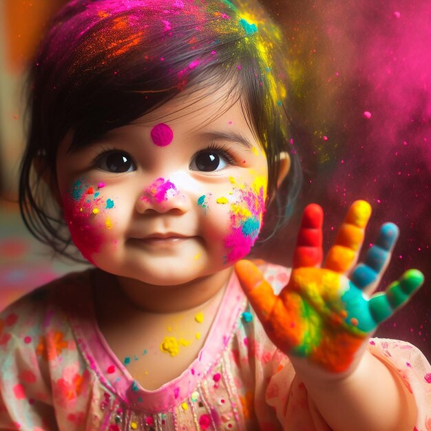 Een mooi meisje speelt met veel poederkleuren op Happy Holi