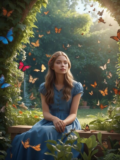 Een mooi meisje zit in een tuin met vlinders die naast haar vliegen.