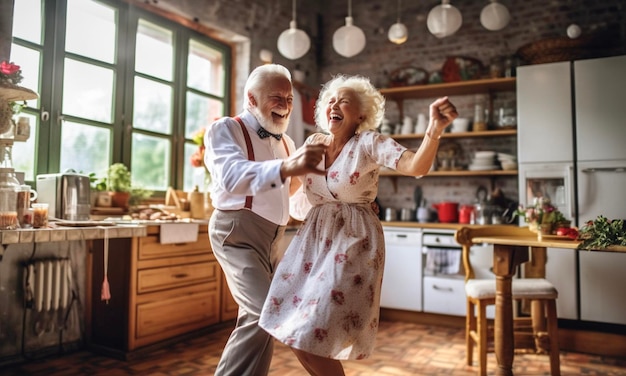 Een mooi oudere echtpaar danst en glimlacht samen in de keuken.