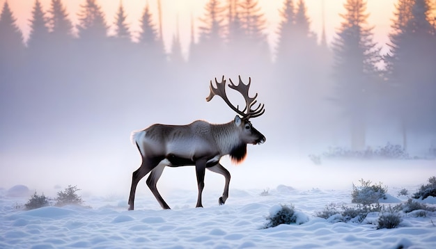 Foto een mooi rendier met grote hoorns loopt door de sneeuw in het bos.