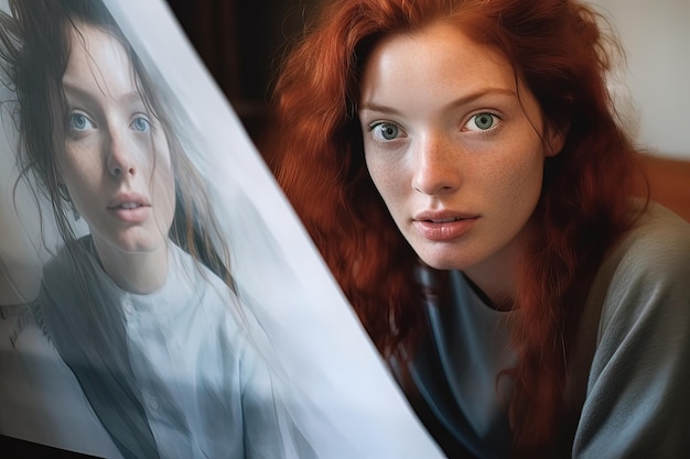 Een mooi roodharig meisje weerspiegelt haar innerlijke waanzin in een spiegel
