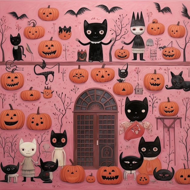 een mooi roze behang met kawaii halloween-thema's in de stijl van Kitty Lange Kielland