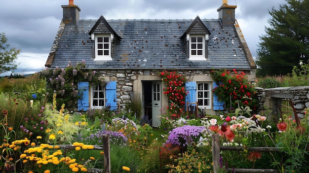 Een mooi stenen huisje met een leisteen dak en blauwe luiken is omringd door een weelderige tuin vol kleurrijke bloemen