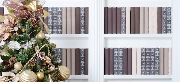 Een mooi versierde kerstboom op de muur van een boekenplank met veel boeken van verschillende kleuren