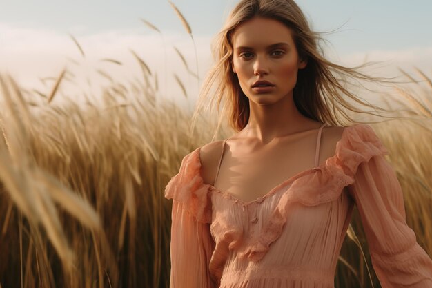 Een mooi vrouwelijk model poseert in een perzikkleurige jurk in een veld van lange koren