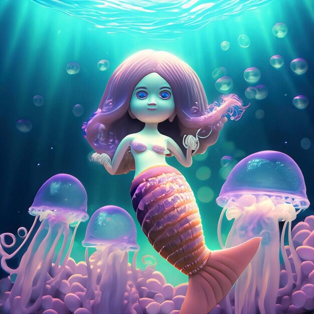 Een mooi zeemeerminmeisje met rood lang krullend haar zwemt onder water in de oceaan in een koraalrif Gen