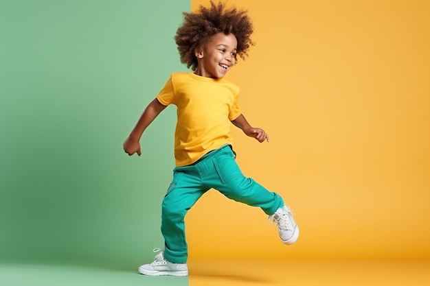 Een mooie Afro-Amerikaanse kleuterscholer in sportkleding die leuke dansbewegingen doet.