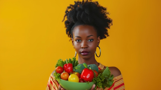 Een mooie Afro-Amerikaanse vrouw houdt een kom met verse groenten vast.