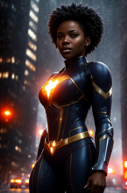 Een mooie Afro-Amerikaanse vrouw is een superheld tegen de achtergrond van een avondstad op een bewolkte dag Generatieve AI