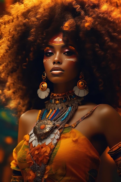 een mooie Afro-Amerikaanse vrouw met Afrikaanse kleding afro haar AI Generate