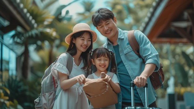 Een mooie Aziatische familie op vakantie met ochtendzonlicht en kopieerruimte Generatieve AI