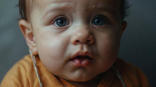 Foto een mooie baby met blauwe ogen en een gele trui