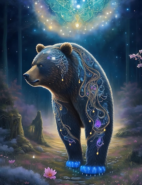 een mooie beer dwaalt 's nachts door een mystiek bos Generatieve Ai