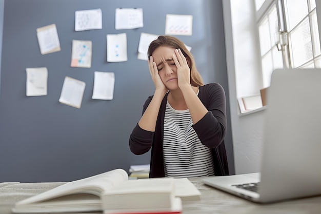 Een mooie blanke vrouw is druk en gestrest aan haar bureau in het kantoor.