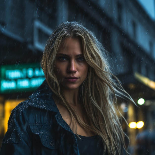 Foto een mooie blonde vrouw die in de regen staat op een stadsstraat