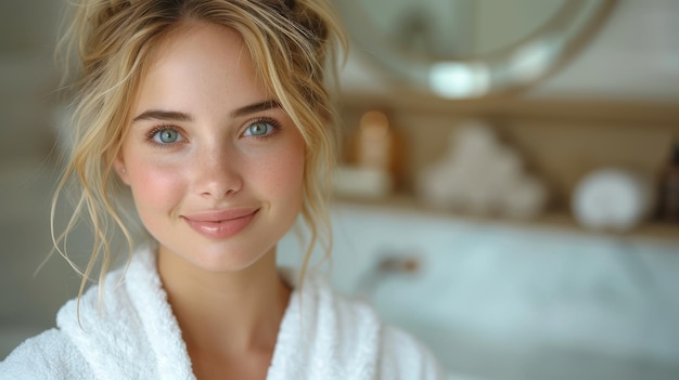 Een mooie blonde vrouw in een witte zijden badjas die poseert in een wite badkamer en glimlacht naar de camera Closeup portret panorama met kopieerruimte Concept van huidverzorging thuis