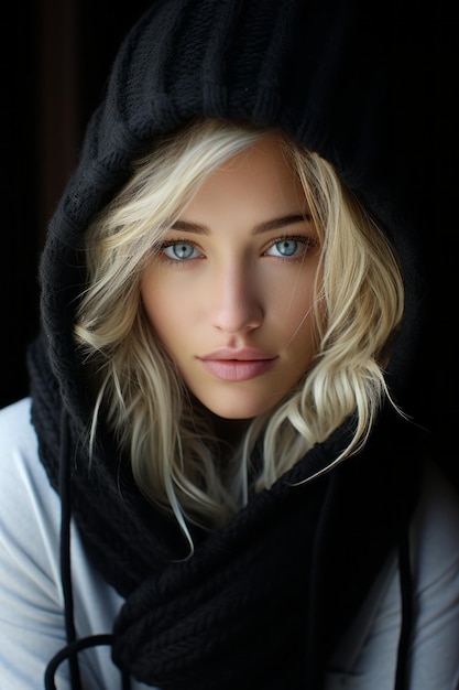 een mooie blonde vrouw in een zwarte hoodie