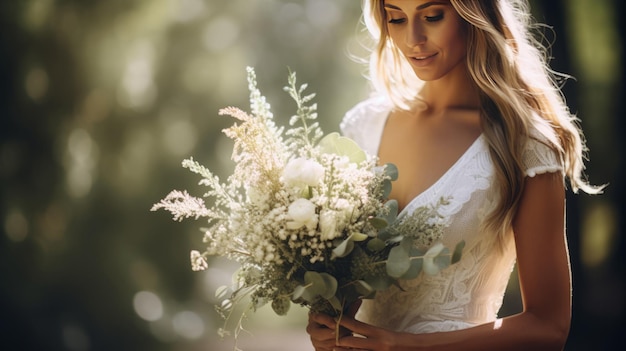 een mooie bruid in een witte jurk met een boeket eucalyptus en witte bloemen