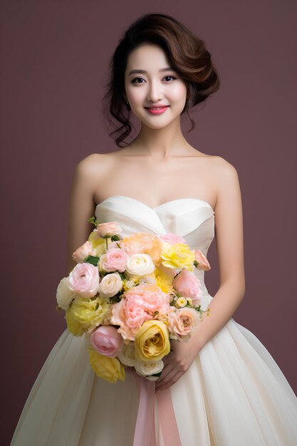 een mooie bruid met bloemen in de hand in de stijl van elegante
