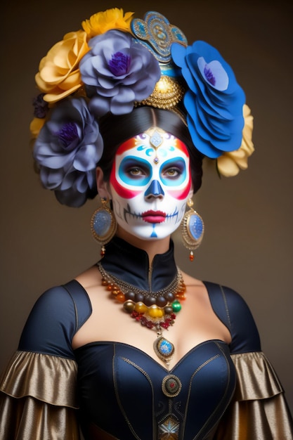 Een mooie brunette met een gestileerde make-up van La Katrina mask dia de los muertos_Generative AI_31