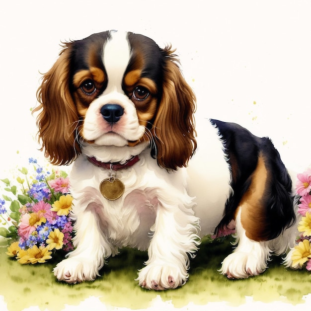 Een mooie Cavalier King Charles Spaniel hond Aquarel schilderij Graceful Elegance Generative AI