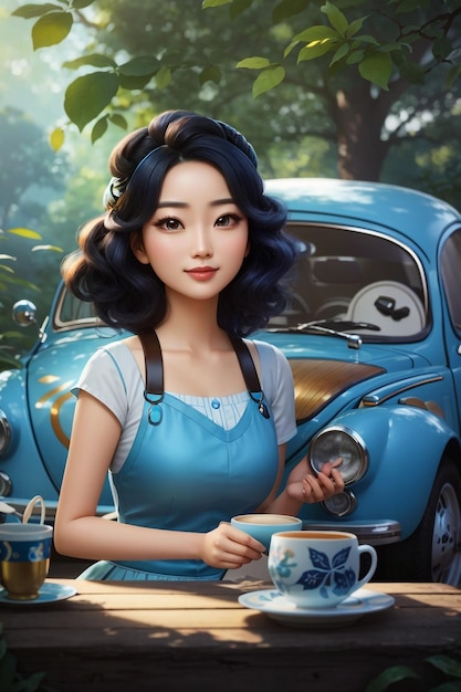 Een mooie Chinese vrouw die geniet van een kopje koffie in een bosrijke tuin Schattige blauwe fusca met ogen