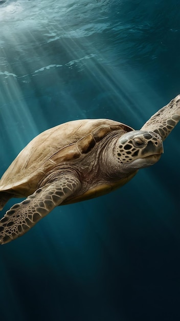 Een mooie close-up van een grote schildpad die onder water in de oceaan zwemt