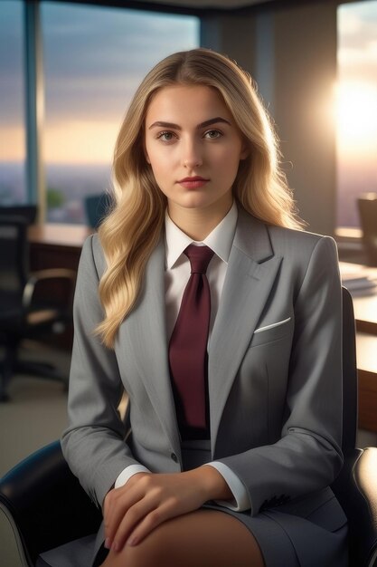 Een mooie dame in een pak zit op een stoel in een kantoorkamer bij zonsopgang