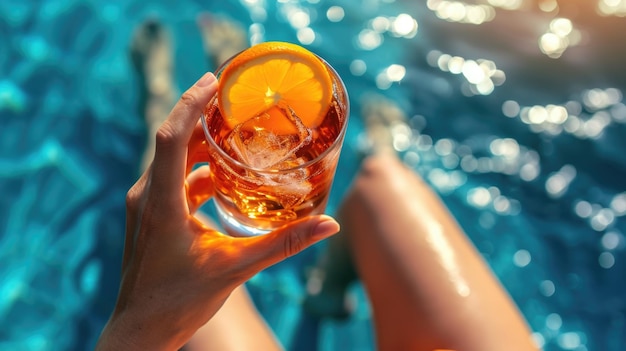 Een mooie dame met een Aperol Spritz cocktail die zonnebaden bij het zwembad.