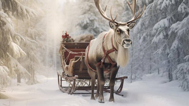 een mooie eland in een slee in het bos op een achtergrond van sneeuw en een slee NieuwjaarGenerative AI