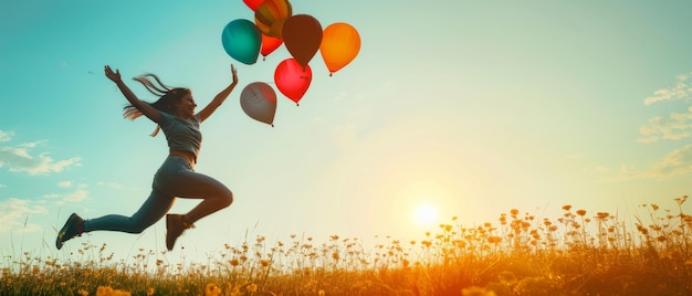Foto een mooie en gezonde jonge vrouw die loopt en springt op een zomerveld met kleurrijke luchtballonnen over de heldere hemel van de zonsondergang een silhouet van een gelukkige en gezonde oude vrouw die van de natuur geniet
