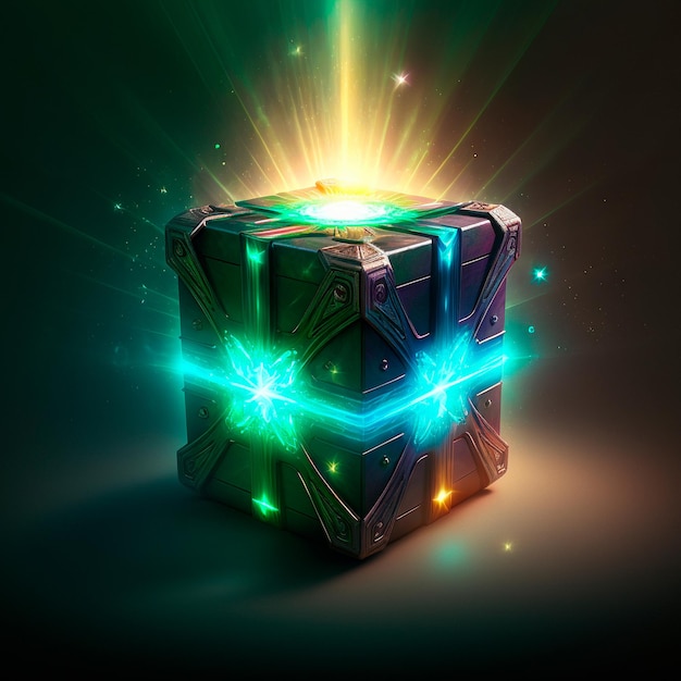 Een mooie en heldere lootbox in fantasiestijl Doos met items erin