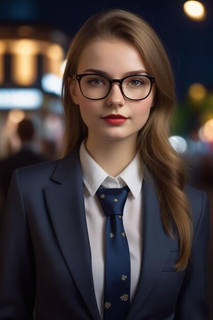 Een mooie Europese dame in pak en bril staat's nachts op straat.