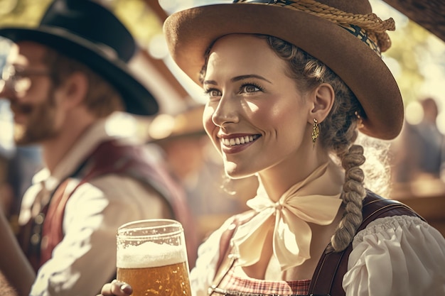 Een mooie Europese vrouw in traditionele kleding viert het door Ai gegenereerde Oktoberfest-bierfestival