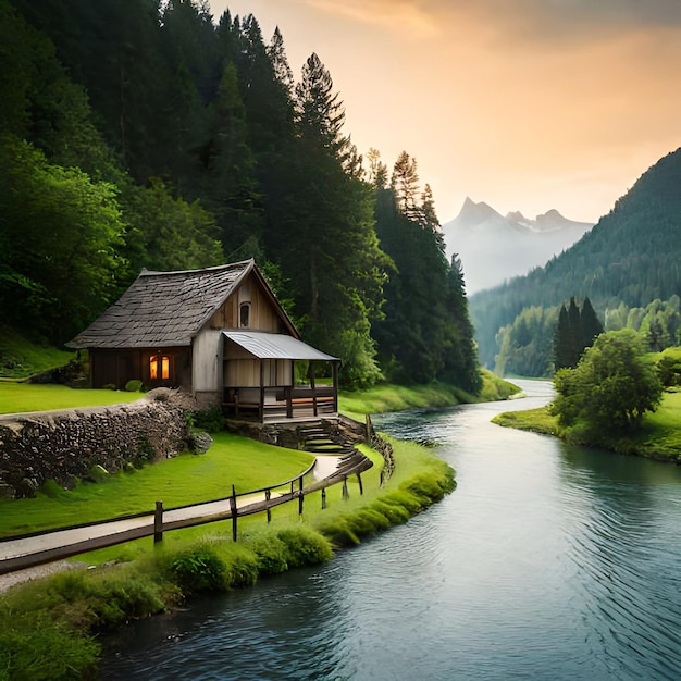 Foto een mooie foto van een dorp, een heldere rivier en een huis.