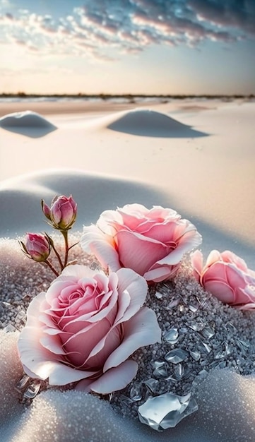 Een mooie foto van een strand met roze rozen