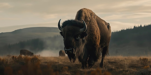 Een mooie fotografie van een majestueuze bizon in de berg