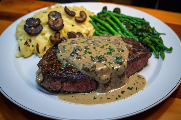 Foto een mooie gebakken prime ribeye steak geserveerd met een romige pepersaus beef juices en heerlijke paddenstoelenmix