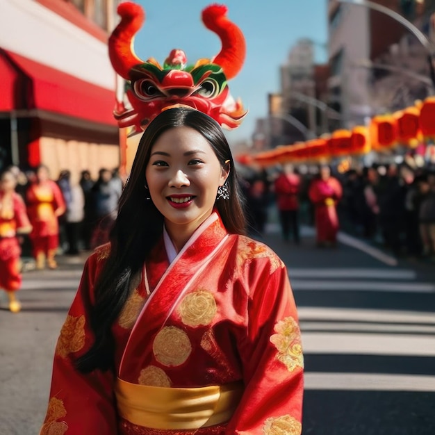 Een mooie glimlachende Chinese vrouw kijkt naar de camera in traditionele gouden en rode kleding. Hij is aan