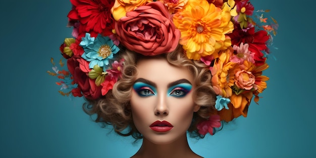 Een mooie godinnenvrouw met een levendig gekleurde bloemenkroon