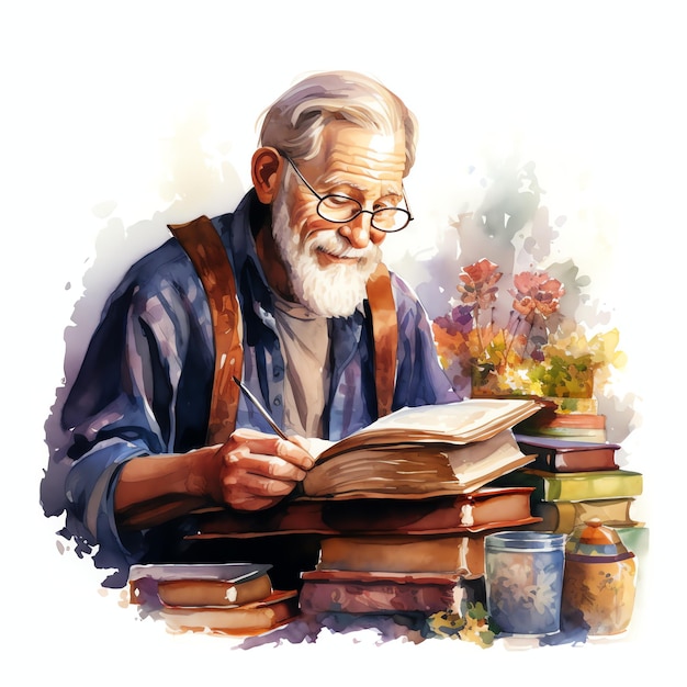 een mooie grootvader bookworm die een boek leest aquarel clipart illustratie