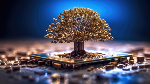 Foto een mooie grote boom die groeit op de printplaat van de microchip-computer met het concept van digitaal zakendoen csr en ethiek esg-afvalbeheer generatieve ai image weber