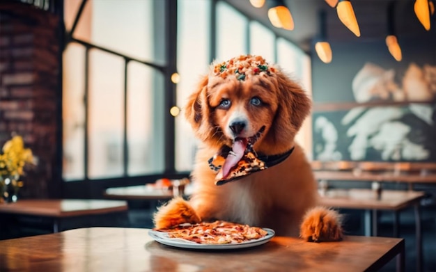 Een mooie hond eet pizza.