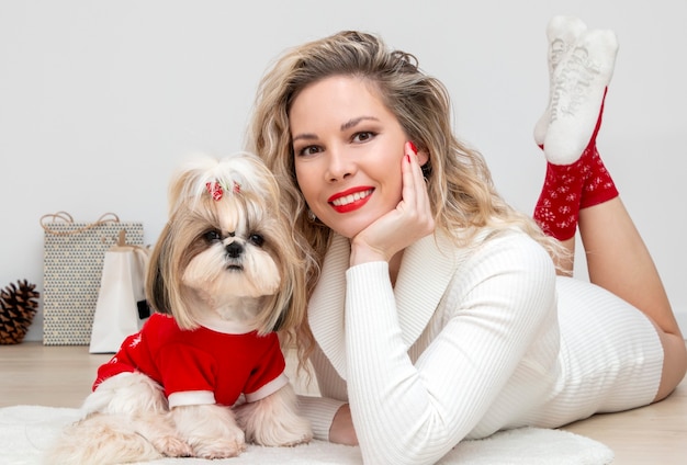 Een mooie hond van Shih Tzu die een rode Kerstmissweater draagt